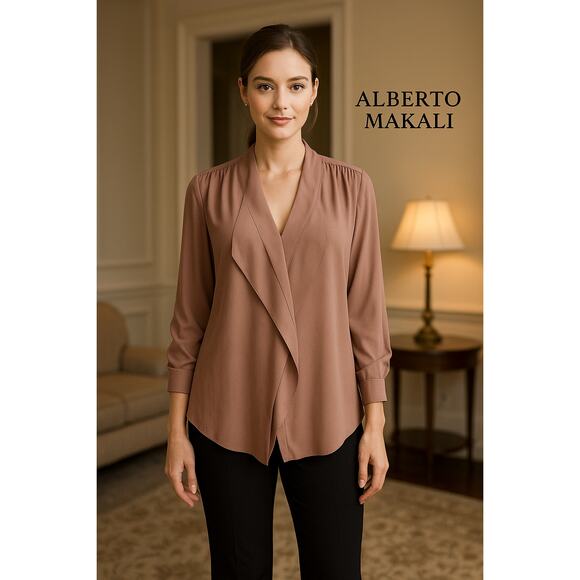 ALBERTO MAKALI Drape Front Blouse Top L Taupe Sheer Overlay Career Boho Chic - Picture 3 of 10